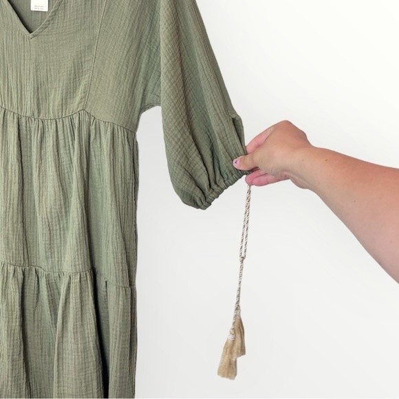 Anthropologie Saturday Sunday Olive Green BOHO Tassel Sleeve Dress NWT Size XS - Picture 2 of 8